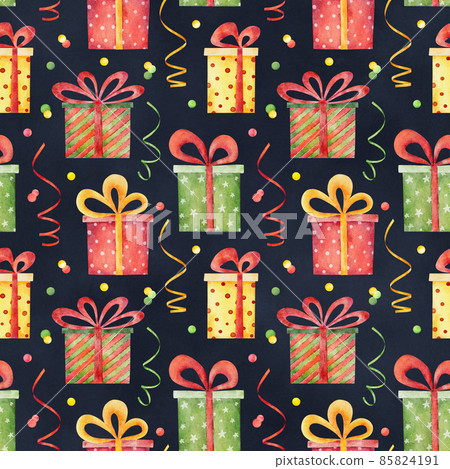 Watercolor christmas seamless pattern with present boxes on dark blue background. Watercolor christmas seamless pattern with present boxes on dark blue background. 85824191