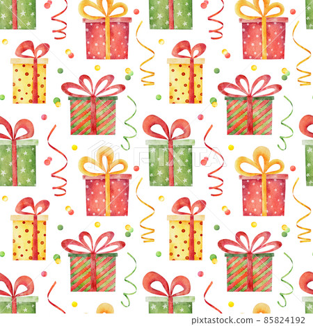 Watercolor christmas seamless pattern with present boxes isolated on white background. Watercolor christmas seamless pattern with present boxes isolated on white background. 85824192