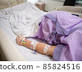 saline solution on hand of women patient in pink clothes lying on the hospital bed 85824516