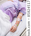 saline solution on hand of women patient in pink clothes lying on the hospital bed 85824517