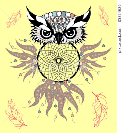 Boho style colored owl with tribal arrows. illustration. Bohemian tribal owl with a dream catcher. Totem owl 85824626