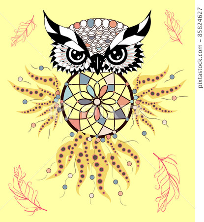 Boho style colored owl with tribal arrows. illustration. Bohemian tribal owl with a dream catcher. Totem owl 85824627