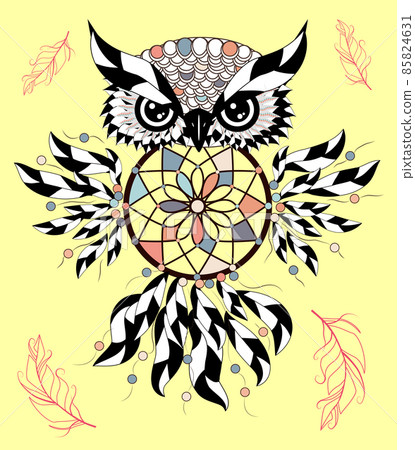 Boho style colored owl with tribal arrows. illustration. Bohemian tribal owl with a dream catcher. Totem owl 85824631