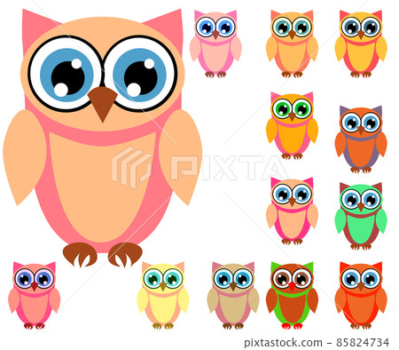 Large set of cute multicolored cartoon owls for children, different designs, trendy coral color included 85824734