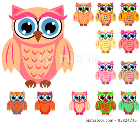 Large set of cute multicolored cartoon owls for children, different designs, trendy coral color included 85824736