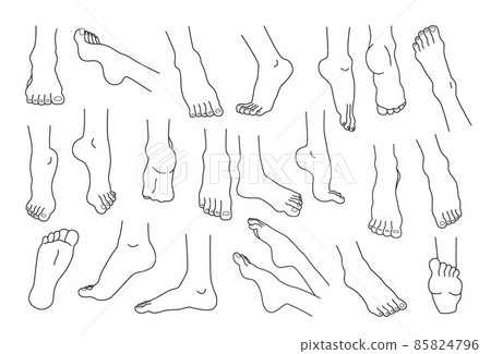 Line feet. Woman ankles and legs with heels and fingers. Beauty or medicine human body infographic elements. Spa skin care and pedicure. Naked foot soles. Vector barefoot sketches set Line feet. Woman ankles and legs with heels and fingers. Beauty or medicine human body infographic elements. Spa skin care and pedicure. Naked foot soles. Vector barefoot sketches set 85824796