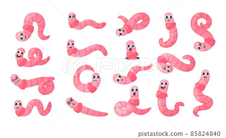 Worm character. Cartoon earthworm mascot with big eyes and cute faces. Insects for kids illustration. Fishing bait. Soil crawlers with various emotion expressions. Vector pink bugs set 85824840