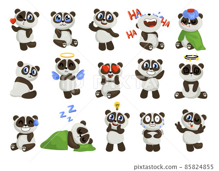 Panda character. Cute baby bear mascot with funny happy smile face. Asian wild animal laughing or sleeping. Cartoon teddy with various emotion expressions. Vector jungle creatures set Panda character. Cute baby bear mascot with funny happy smile face. Asian wild animal laughing or sleeping. Cartoon teddy with various emotion expressions. Vector jungle creatures set 85824855