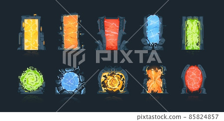Cartoon portals. Magic fantasy game teleports. Circle and square teleportation doors. Archway or doorway with colorful lighting auras. Vector gates set for transition between dimensions Cartoon portals. Magic fantasy game teleports. Circle and square teleportation doors. Archway or doorway with colorful lighting auras. Vector gates set for transition between dimensions 85824857