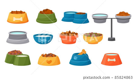 Pet food bowl. Cat and dog cartoon containers with wet and dry meal, water and milk. Canine or feline feed dishes. Kittens or puppies accessories. Vector domestic animals feeding plates set 85824863