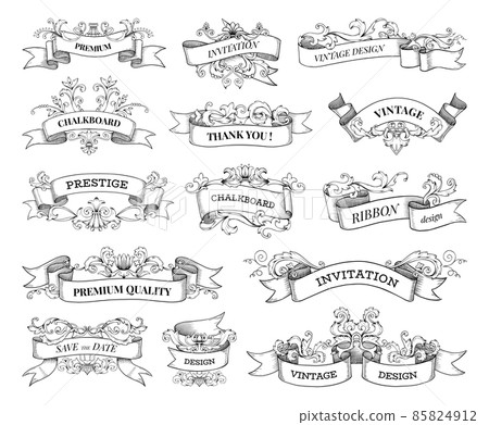 Vintage Victorian label. Retro scroll banner engraving. Antique heraldic swirl ribbon decorative sketch elements. Black and white heading classic borders. Vector calligraphy frames set 85824912