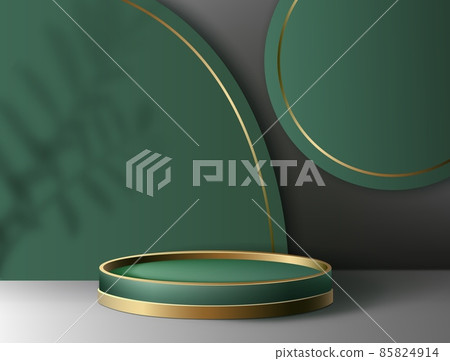 Product podium. Realistic empty green and golden pedestal mockup for cosmetics advertising. Minimal beauty scene. Cylindrical stage shape and plant shadow. Vector abstract 3D platform Product podium. Realistic empty green and golden pedestal mockup for cosmetics advertising. Minimal beauty scene. Cylindrical stage shape and plant shadow. Vector abstract 3D platform 85824914