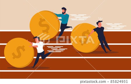 Coin bank race and fast economy challenge. Growth wealth and get 401k money vector illustration concept. Businessman running and trade virtual currency. Investment horizontal sprint or finance income Coin bank race and fast economy challenge. Growth wealth and get 401k money vector illustration concept. Businessman running and trade virtual currency. Investment horizontal sprint or finance income 85824931