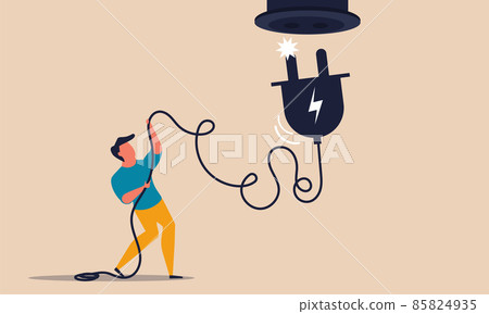 Electrical unplug and power cost connection. Plug with cord cable conservation energy vector illustration concept. Shutdown device pull technology to socket. Disconnect network and safety money global 85824935
