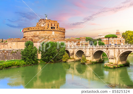 The Mausoleum of Hadrian, the Aelian Bridge and the Tiber, Rome, Italy The Mausoleum of Hadrian, the Aelian Bridge and the Tiber, Rome, Italy 85825324