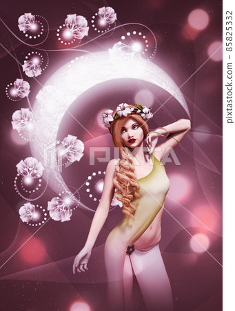 3D Blond nymph girl and purple flowers 85825332