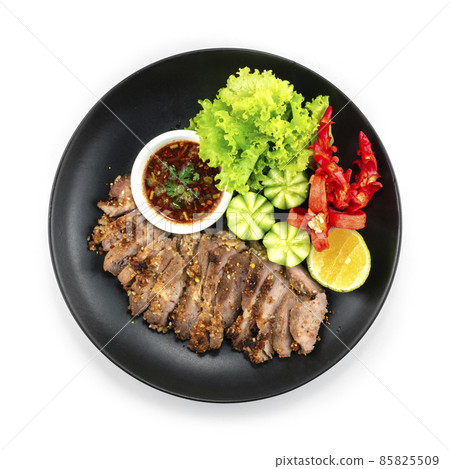 Grilled Pork with Toasted Rice powder and white Sesame Served Dried Chili sauce 85825509