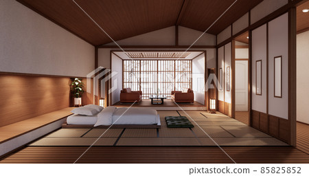 Modern Zen bed and decoartion plants in japanese bedroom. 3D rendering. 85825852