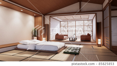 Modern Zen bed and decoartion plants in japanese bedroom. 3D rendering. 85825853