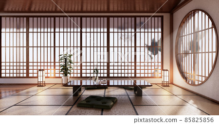 Sofa japanese on room tropical interior with tatami mat floor and white wall.3D rendering 85825856