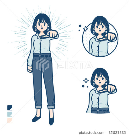 一名身穿開領襯衫的年輕女子指向前方的插圖 一名身穿開領襯衫的年輕女子指向前方的插圖 85825883