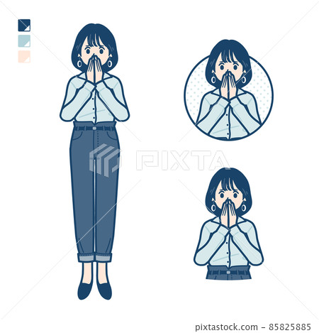 一位穿著開領襯衫的年輕女子的插圖,看起來既驚訝又焦慮 一位穿著開領襯衫的年輕女子的插圖,看起來既驚訝又焦慮 85825885