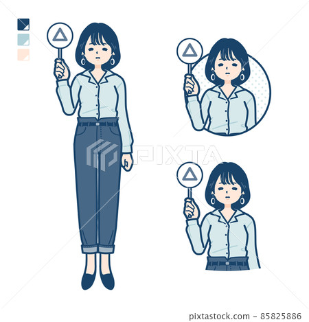 Illustration of a young woman wearing an open collar shirt putting out a triangular stamp panel 85825886