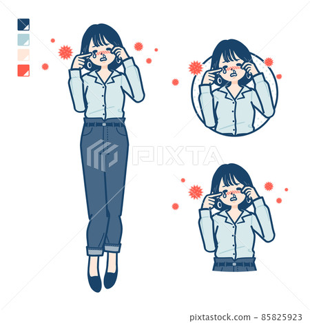 Illustration of a young woman in an open collar shirt suffering from pollen allergies 85825923