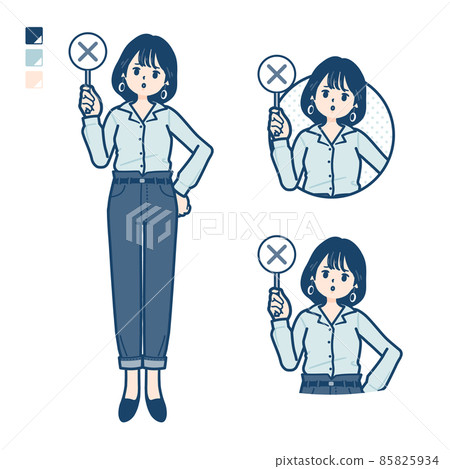Illustration of a young woman wearing an open collar shirt putting out a cross-shaped panel 85825934
