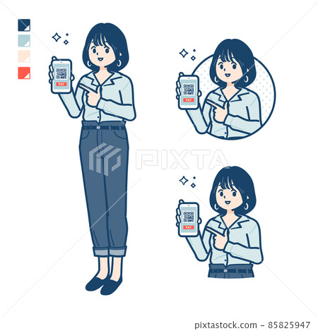 一名穿著開放式彩色襯衫的年輕女子在智能手機上進行無現金支付的插圖 85825947