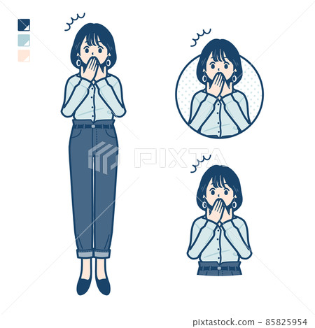 一位身穿開領襯衫的年輕女子捂著嘴驚訝地的插圖 一位身穿開領襯衫的年輕女子捂著嘴驚訝地的插圖 85825954