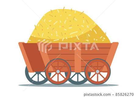 yellow haystack in a wooden cart. 85826270