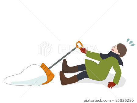 Illustration material: A woman who is in trouble because she loses her balance while shoveling snow. Illustration material: A woman who is in trouble because she loses her balance while shoveling snow. 85826280