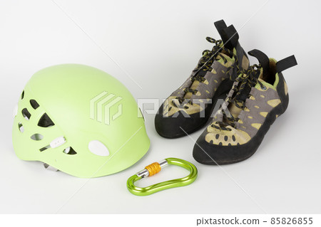 New green climbing helmet and green  HMS carabiner, screw lock snap hook and climbing footwear 85826855