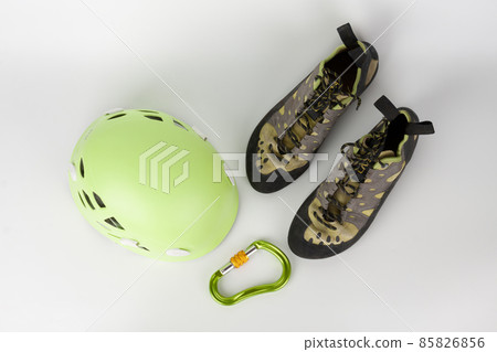 New green climbing helmet and green  HMS carabiner, screw lock snap hook and climbing footwear 85826856