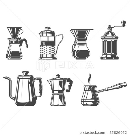 Brewed coffee and tea tableware, french press, cezve, kettle and moka pot, barista tools, vector Brewed coffee and tea tableware, french press, cezve, kettle and moka pot, barista tools, vector 85826952