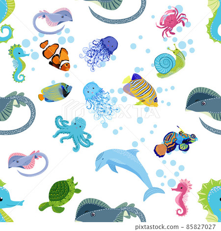 Marine life, fish, animals bright seamless pattern. sea travel, underwater diving animal tropical fish. Jellyfish, whale, shark, seahorse, clown fish, dolphin, turtle emperor fish octopus stingray 85827027