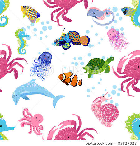 Marine life, fish, animals bright seamless pattern. sea travel, underwater diving animal tropical fish. Jellyfish, whale, shark, seahorse, clown fish, dolphin, turtle emperor fish octopus stingray Marine life, fish, animals bright seamless pattern. sea travel, underwater diving animal tropical fish. Jellyfish, whale, shark, seahorse, clown fish, dolphin, turtle emperor fish octopus stingray 85827028
