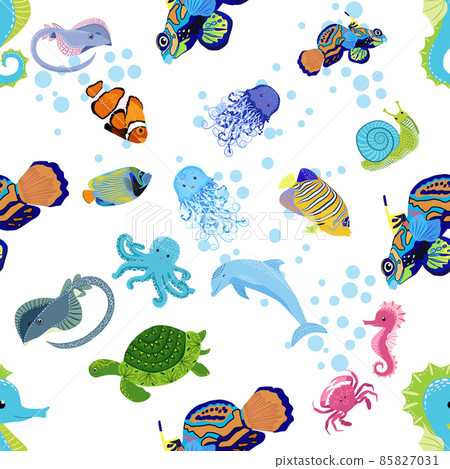 Marine life, fish, animals bright seamless pattern. sea travel, underwater diving animal tropical fish. Jellyfish, whale, shark, seahorse, clown fish, dolphin, turtle emperor fish octopus stingray Marine life, fish, animals bright seamless pattern. sea travel, underwater diving animal tropical fish. Jellyfish, whale, shark, seahorse, clown fish, dolphin, turtle emperor fish octopus stingray 85827031