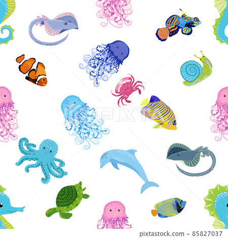 Marine life, fish, animals bright seamless pattern. sea travel, underwater diving animal tropical fish. Jellyfish, whale, shark, seahorse, clown fish, dolphin, turtle emperor fish octopus stingray 85827037
