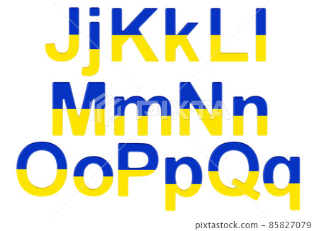 Letters with Ukrainian flag. J, K, L, M, N, O, P uppercase and lowercase letters. 3D rendering Letters with Ukrainian flag. J, K, L, M, N, O, P uppercase and lowercase letters. 3D rendering 85827079