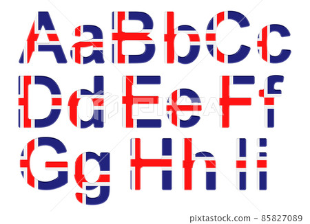 Letters with Icelandic flag. A, B, C, D, E, F, G, H, I uppercase and lowercase letters. 3D rendering 85827089
