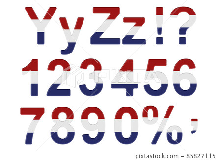 Letters, numbers and punctuation marks with the Netherlands flag. Y, Z, 1, 2, 3, 4, 5, 6, 7, 8, 9, 0. 3D rendering Letters, numbers and punctuation marks with the Netherlands flag. Y, Z, 1, 2, 3, 4, 5, 6, 7, 8, 9, 0. 3D rendering 85827115
