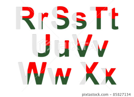Letters with Madagascar flag. R, S, T, U, V, W, X uppercase and lowercase letters. 3D rendering Letters with Madagascar flag. R, S, T, U, V, W, X uppercase and lowercase letters. 3D rendering 85827134
