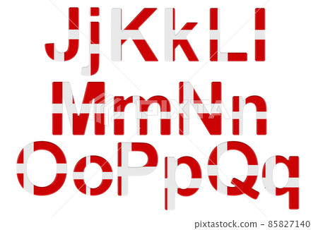Letters with Danish flag. J, K, L, M, N, O, P uppercase and lowercase letters. 3D rendering Letters with Danish flag. J, K, L, M, N, O, P uppercase and lowercase letters. 3D rendering 85827140