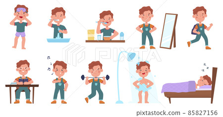 Boy daily routine activities, little guy sleep and wake schedule. Little boy eating, sleeping and reading scenes vector illustration set. Kid daily life schedule 85827156