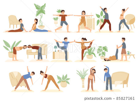 Pregnant characters with partners, yoga practicing family class. Happy couples doing yoga asanas, sports prenatal activity vector illustration set. Young families exercising 85827161