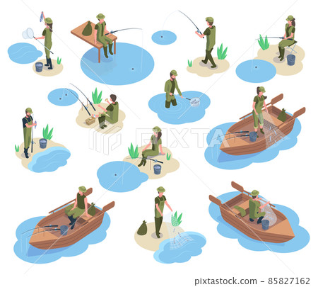 Isometric fishermen characters, 3d river or pond fishing. Characters using fishing equipment, boat, tackle and fishing rod vector illustration set. Fisherman characters 85827162