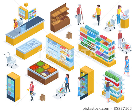 Isometric people do grocery shopping, supermarket purchases. Customers buying food in grocery market vector illustration set. Grocery store or supermarket shopping 85827163