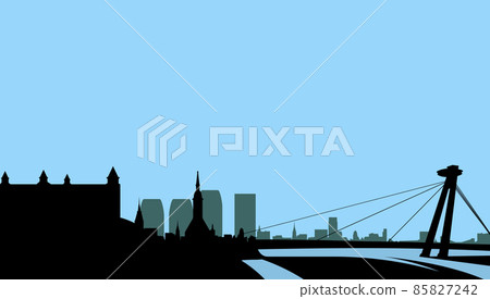 Bratislava city outline skyline, cityscape with SNP bridge, castle and old town of Bratislava, vector 85827242